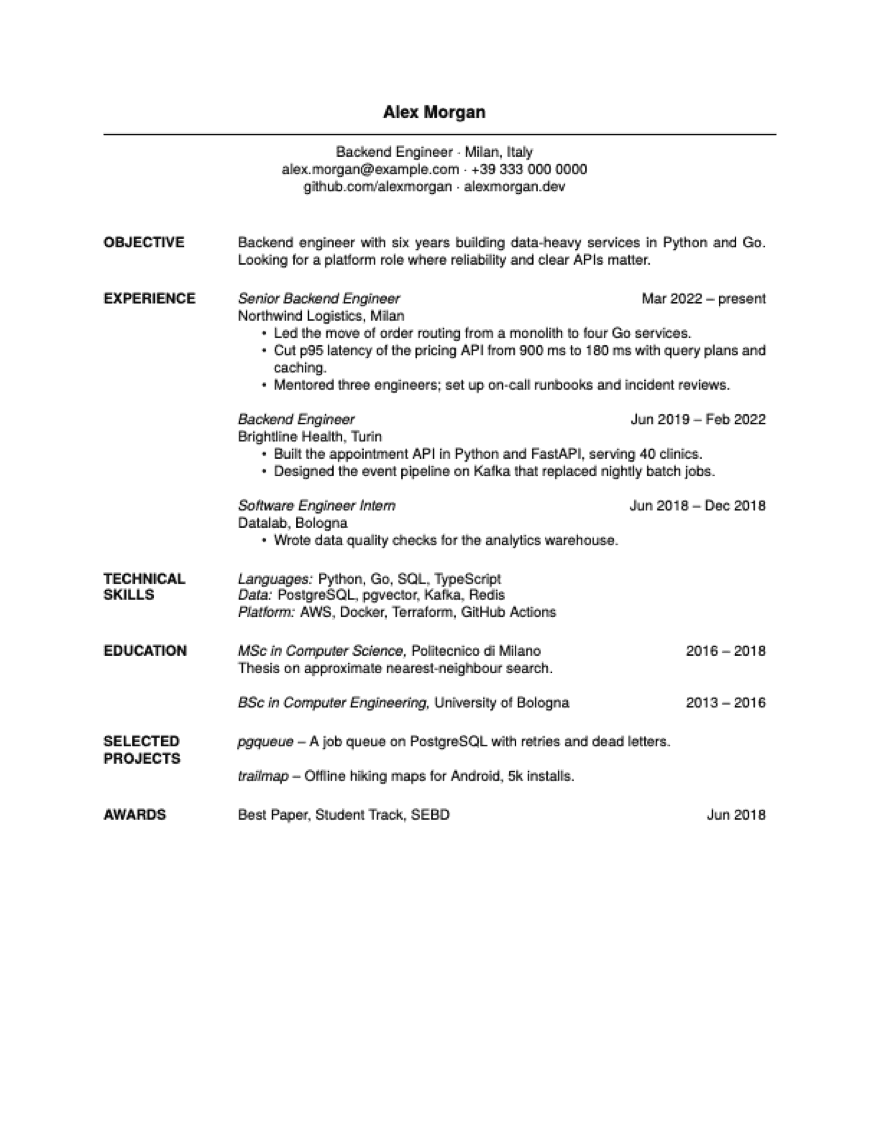 A sample CV in the Margin template